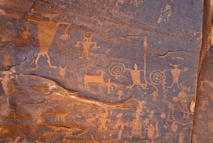 Native American warriors w/ shields & sheep petroglyphs