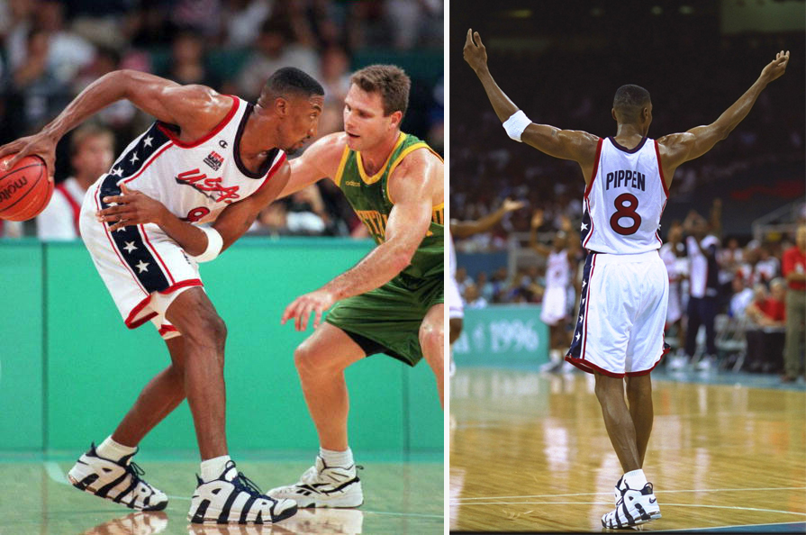 ATLANTA, GA - AUGUST 1: Scottie Pippen of the US (L) keeps the ball away from Australia's Andrew Vlahov during their Olympic semi-final basketball match 01 August. AFP/Bob DAEMMRICH (Photo credit should read BOB DAEMMRICH/AFP/Getty Images)