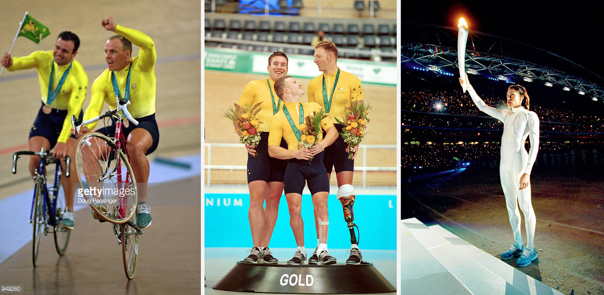 © Sport the library/Tom Putt Sydney 2000 Paralympic Games Cycling, Day 02 Men's Olympic Sprint, AUS, Gold Matthew Gray, Greg Ball, Paul Lake