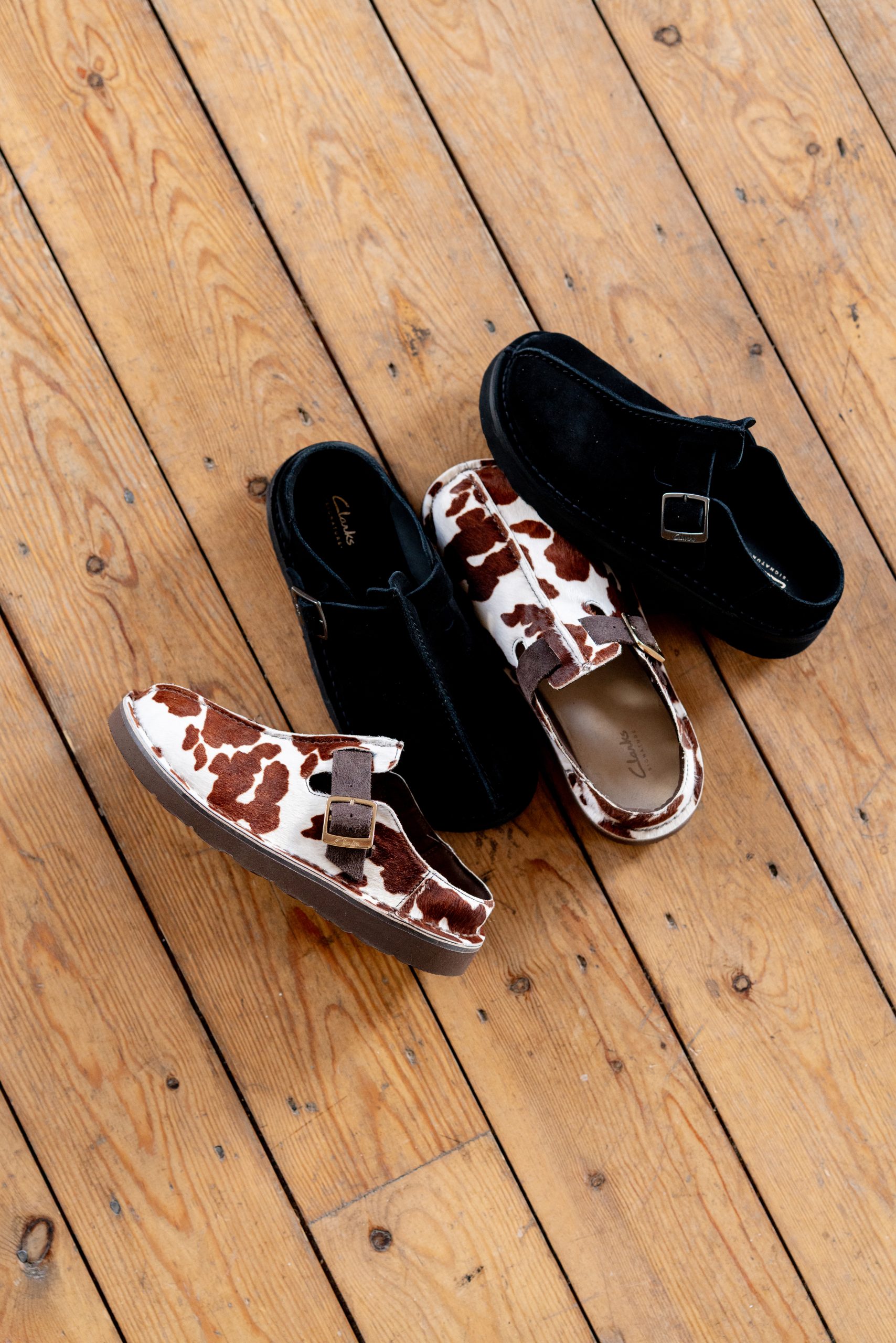 Clarks Originals Solsbury Mule cow print and black